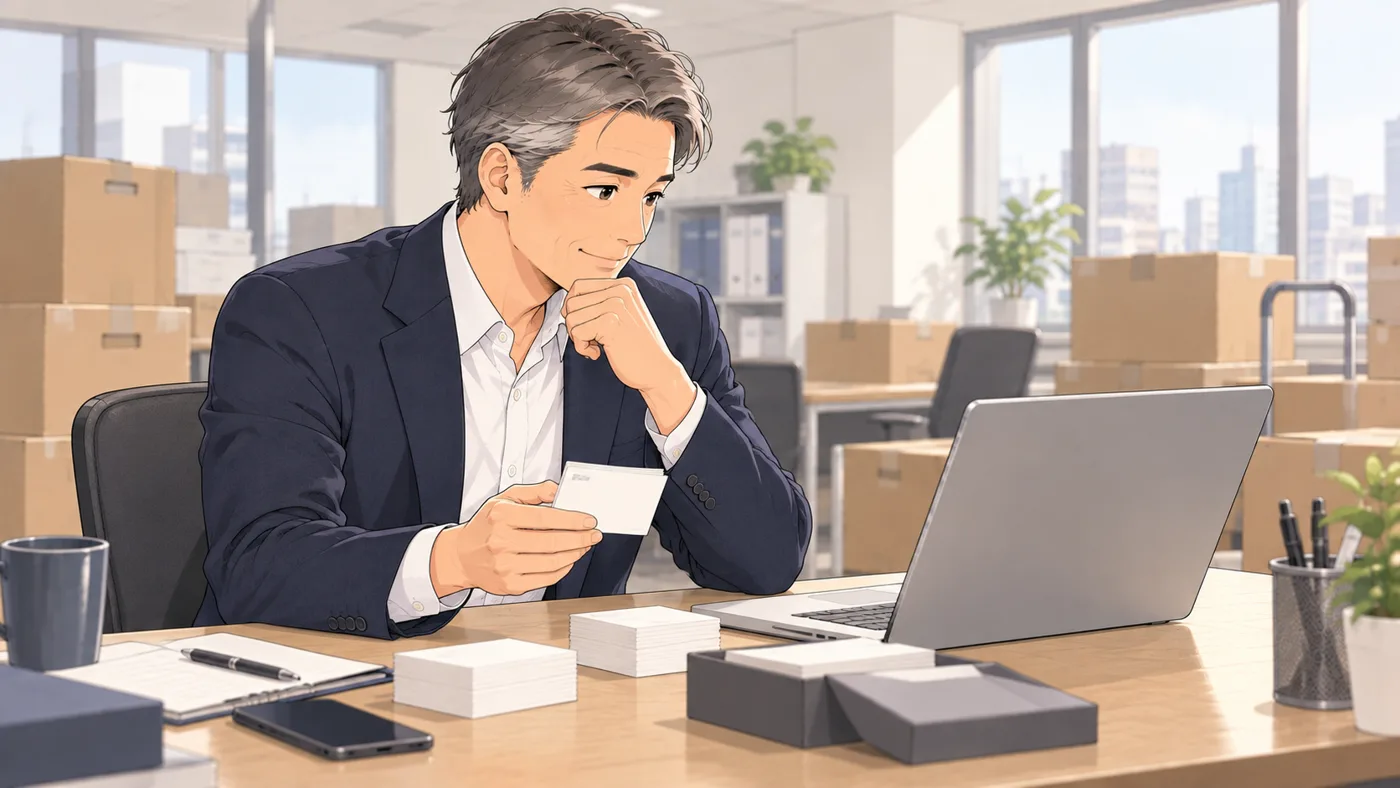 引っ越しの段ボールが積まれた事務所で、社長が新しい名刺を手に考え込んでいる