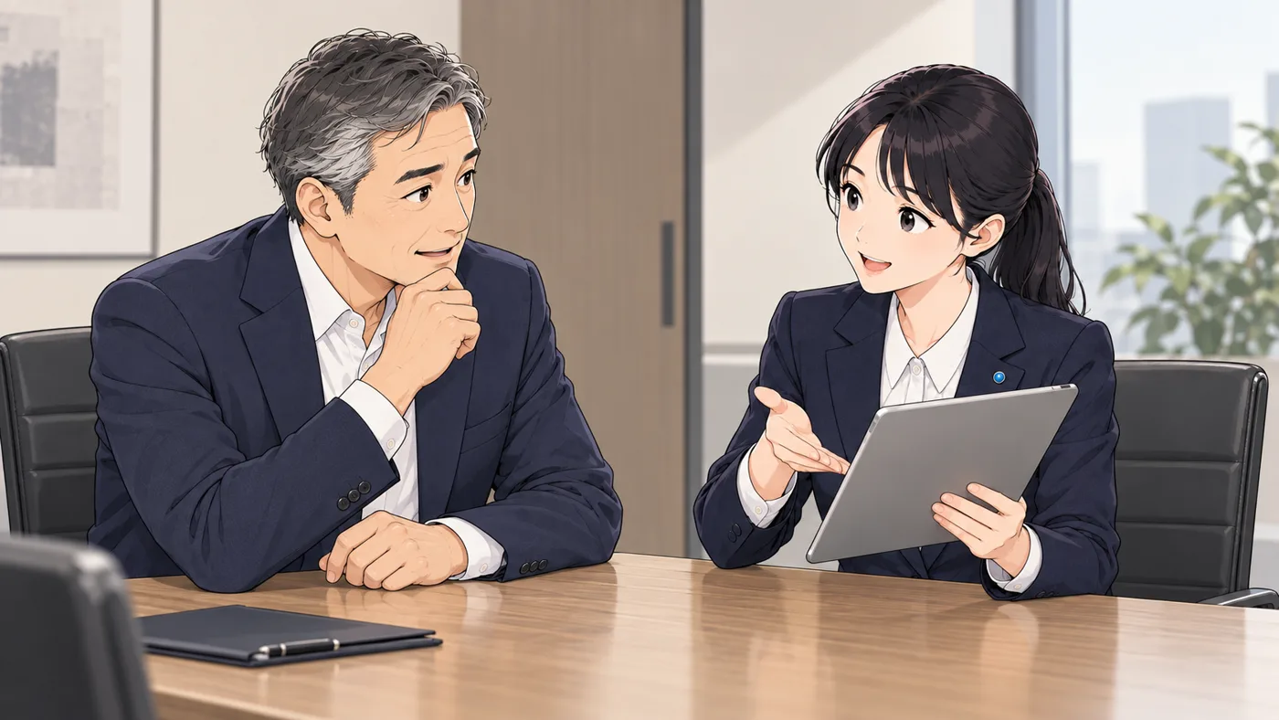 会社の打ち合わせ席で、社長とアオイが向かい合い、アオイがタブレットを見せながら説明している