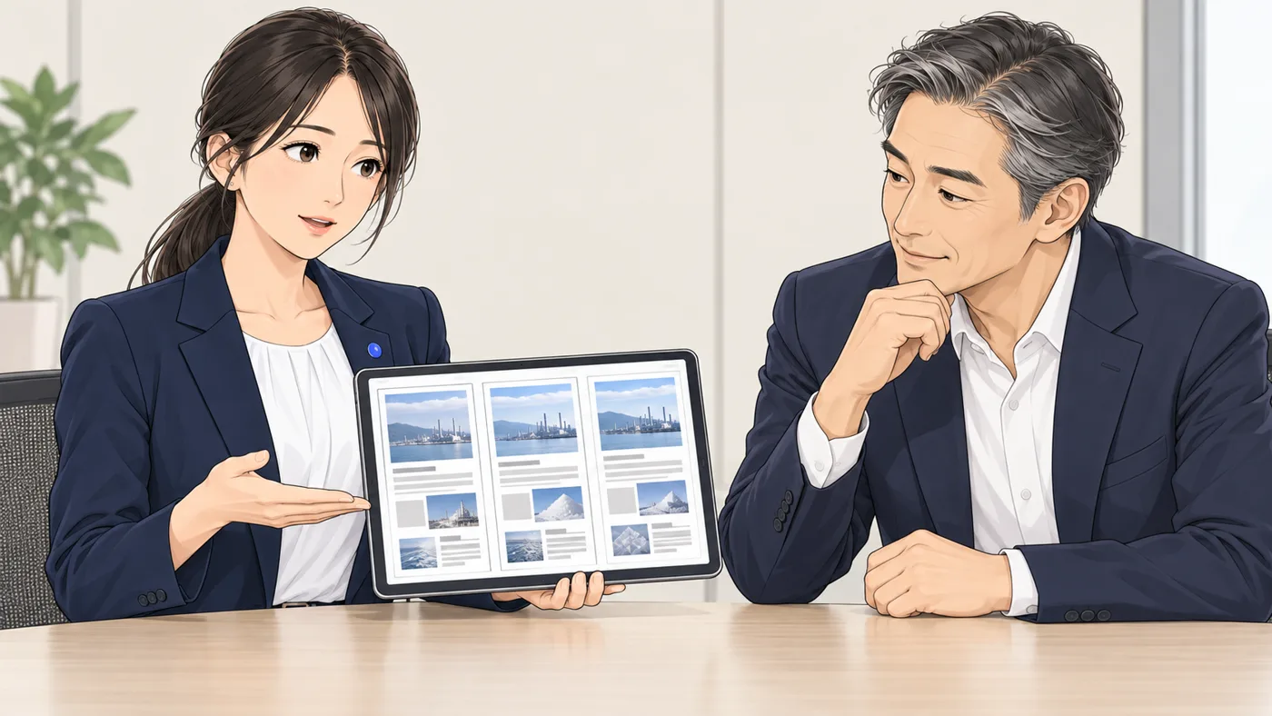 AI社員アオイがタブレットを見せ、画面に写真と文の並びが同じ形のページが3つ並んでいる。社長がうなずいている