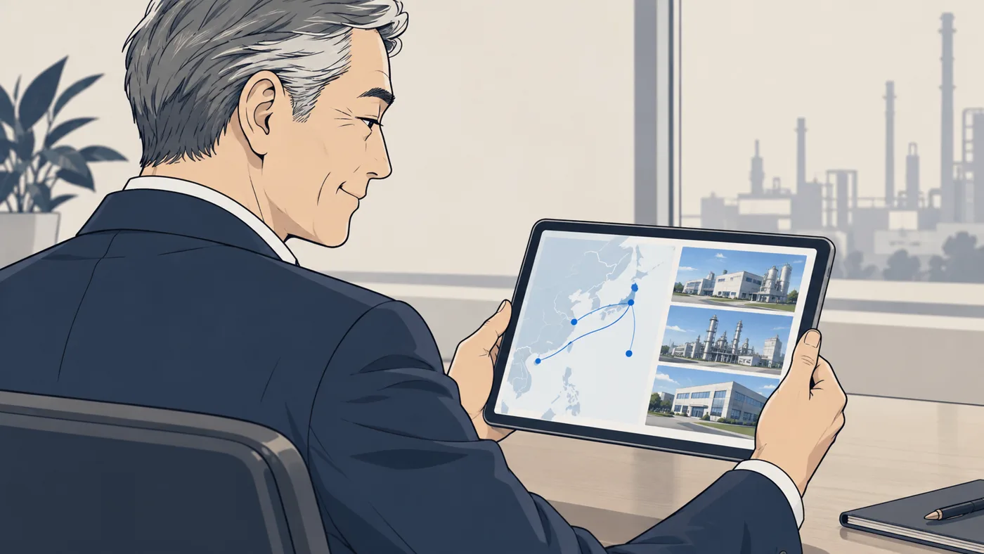 社長の肩越しに、タブレットの画面に地図と建物の写真が並んだページが見える