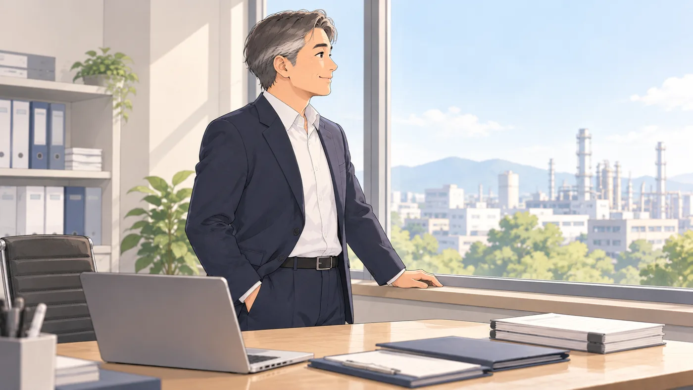 窓辺に立ち、明るい表情で外を見る社長