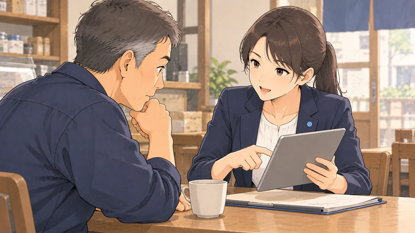 お店の小さなテーブルで、店主とアオイが向かい合い、アオイがタブレットを見せながら落ち着いて説明している