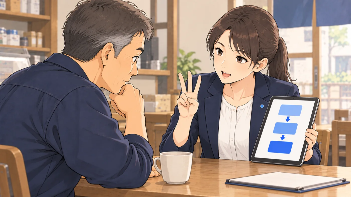 AI社員アオイが指を3本立てて説明し、タブレットに3つの四角が上から順に矢印でつながった図。店主が真剣に聞いている