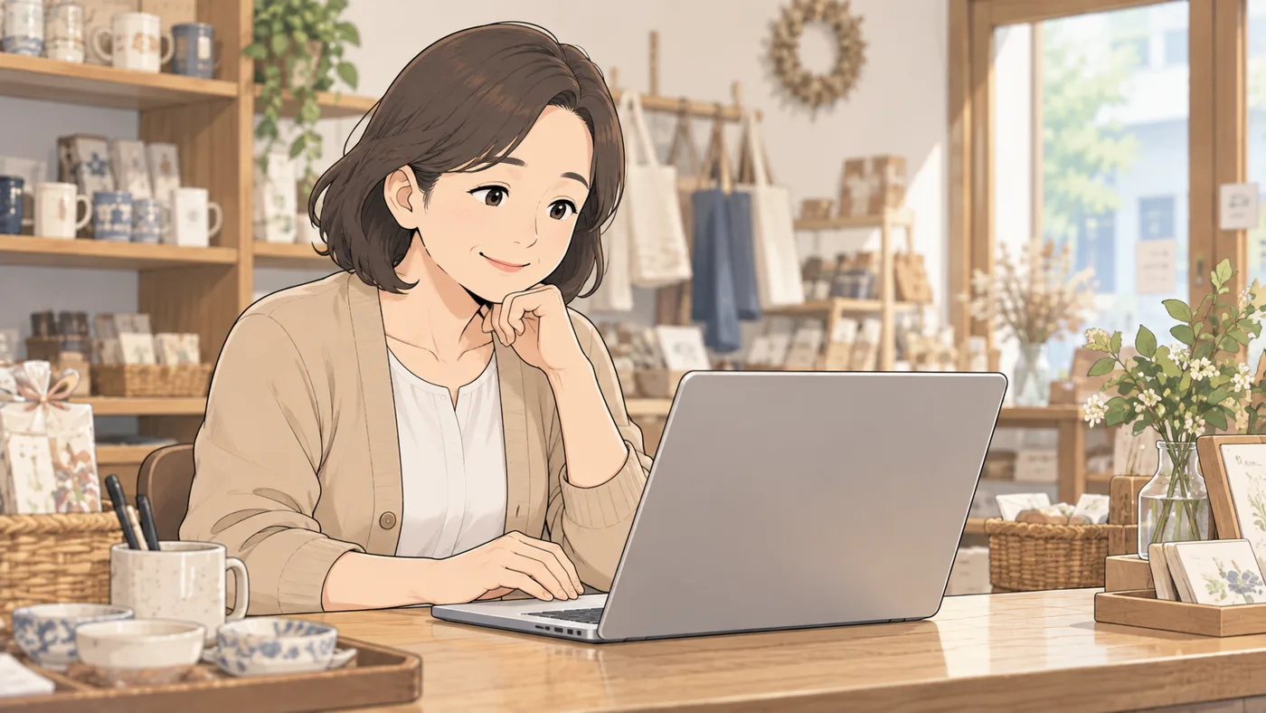 お店のカウンターで、店主がノートパソコンの完成したお店のホームページを見て満足そうに微笑んでいる