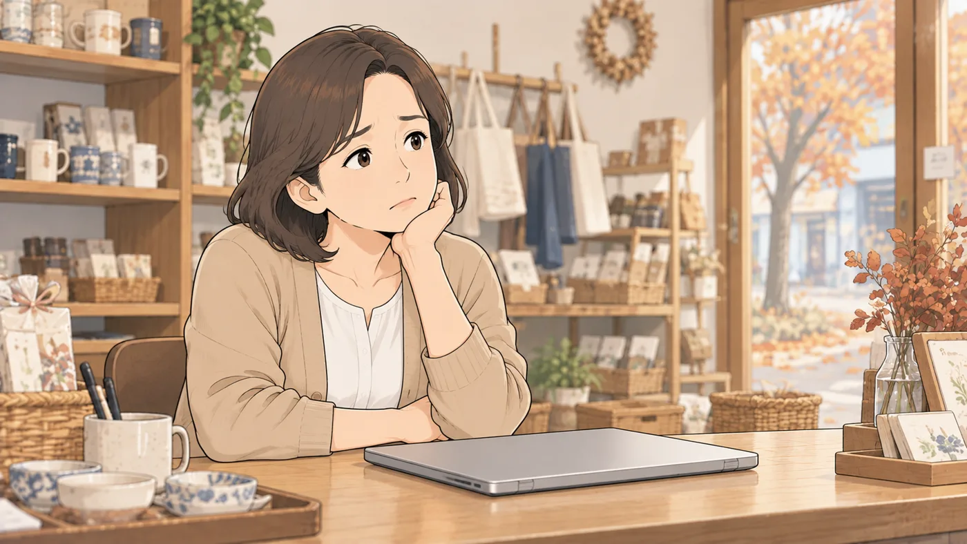 同じお店で、店主が閉じたノートパソコンの前で頬杖をつき、首をかしげている。窓の外は季節が変わり落ち葉