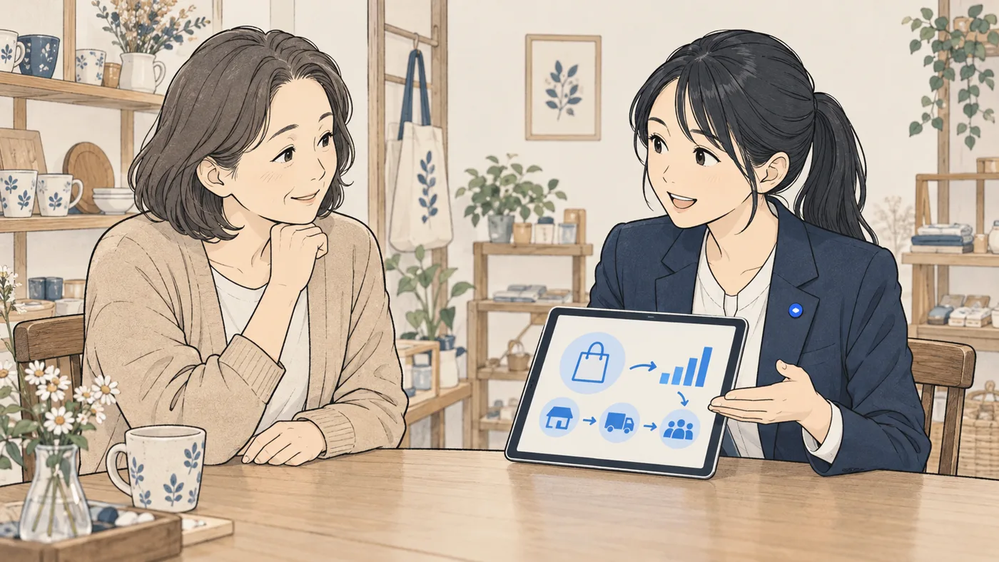 お店の小さなテーブルで、店主とアオイが向かい合い、アオイがタブレットを見せながら説明している