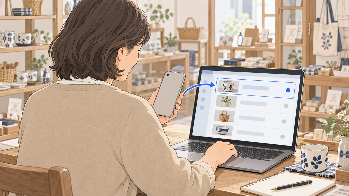 店主の肩越しに、ノートパソコンの画面のお知らせの一覧に新しい行が加わり、店主がスマホで撮った商品の写真を取り込んでいる