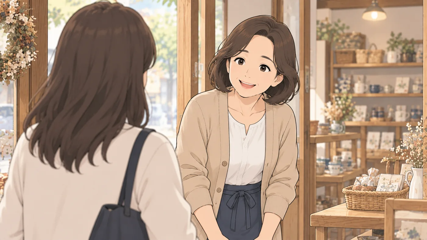 お店の入口で、店主が笑顔でお客様を迎えている
