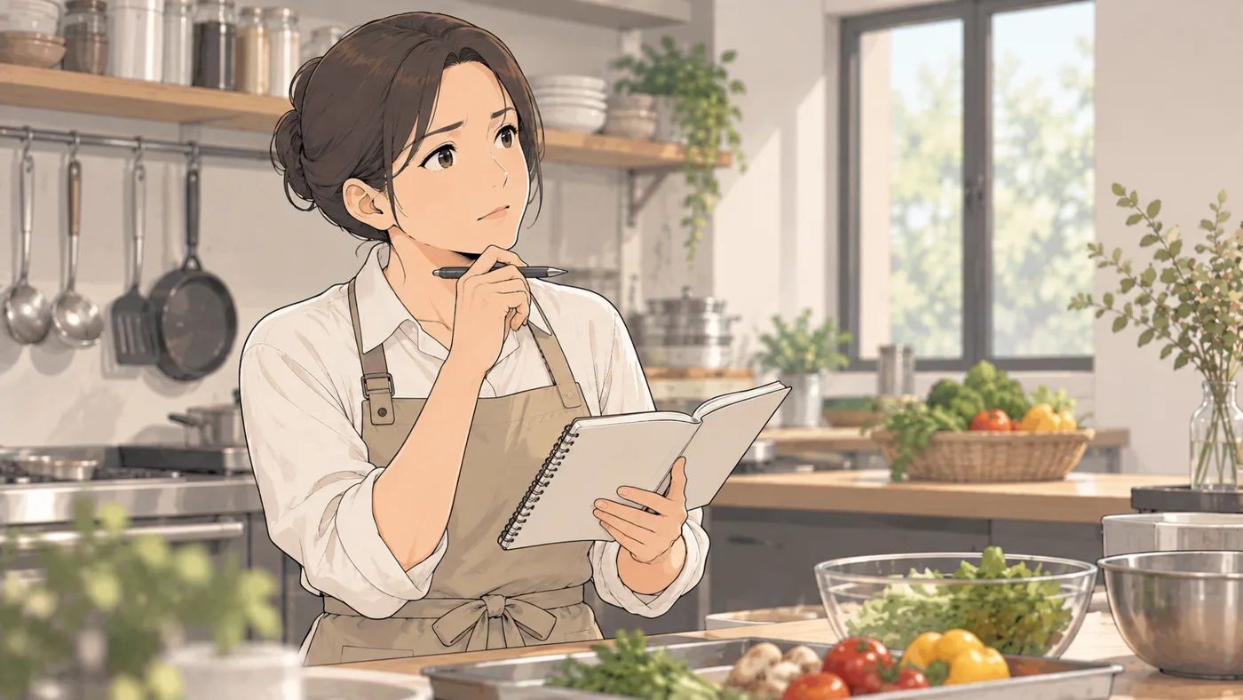 料理教室のキッチンで、先生がノートとペンを持って考え込んでいる。ノートは白紙