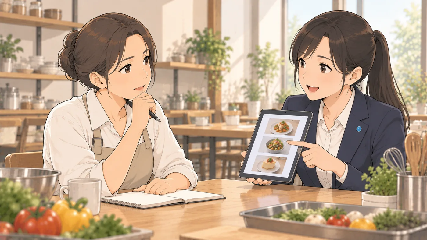 教室の大きなテーブルで、先生とアオイが向かい合い、アオイがタブレットを見せながら説明している