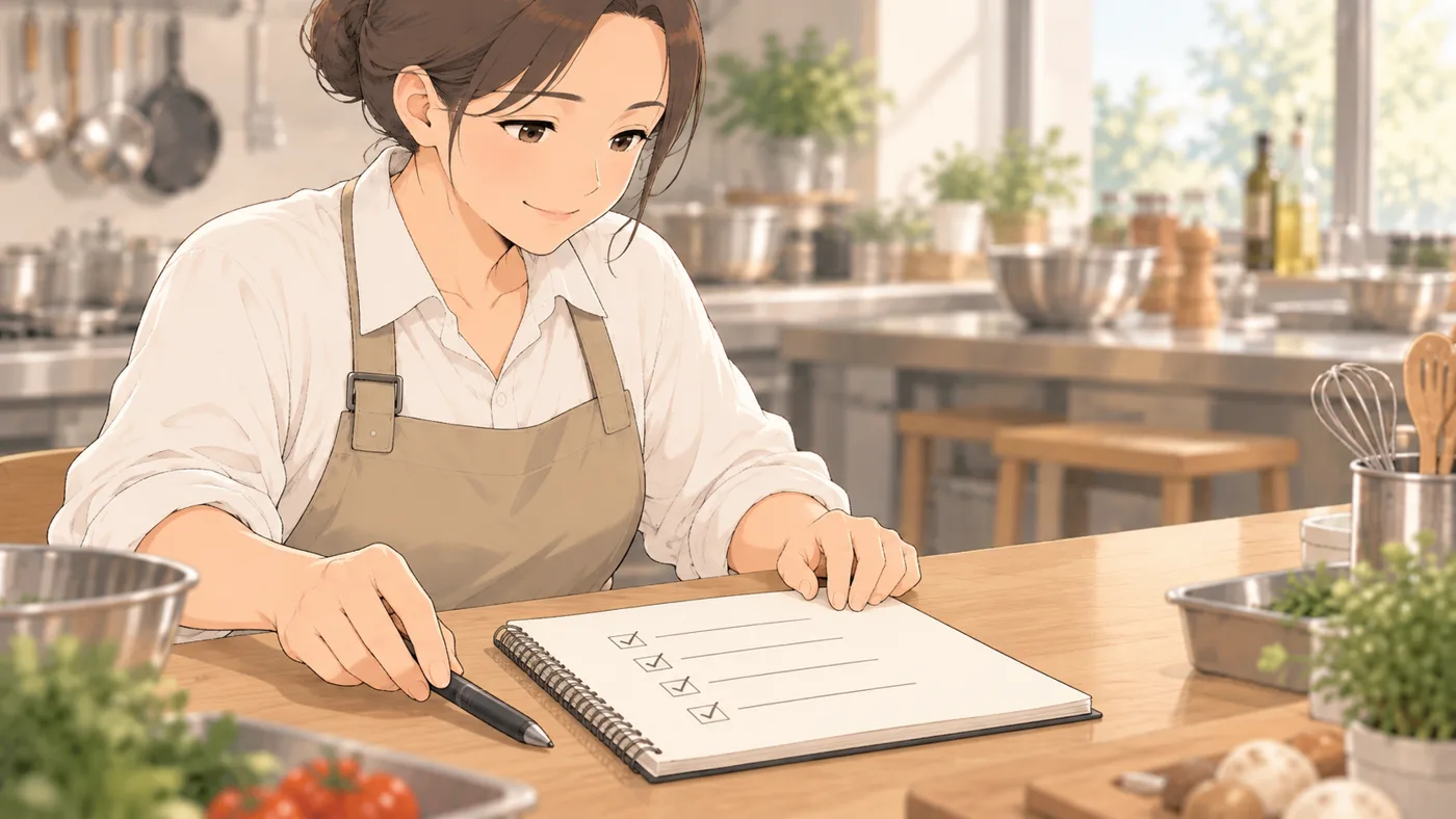 先生の手元。ノートに5行の線とチェックの印が並び、先生が満足そうにペンを置く