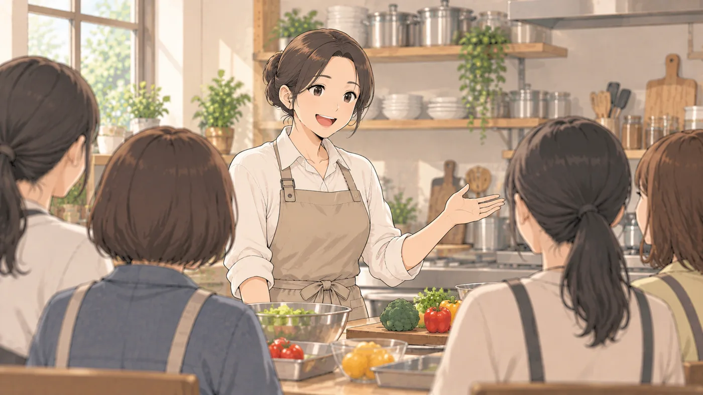 料理教室で、先生が笑顔で生徒たちを迎えている