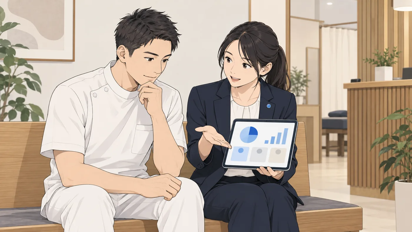 整体院の待合のベンチで、院長とアオイが並んで座り、アオイがタブレットを見せながら説明している