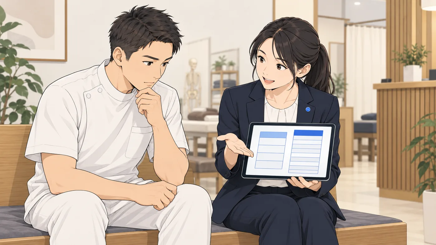 アオイがタブレットを院長に見せている。画面に縦長の表が2つ並び、片方は行が少なく、片方は行が多い。院長が真剣に見ている