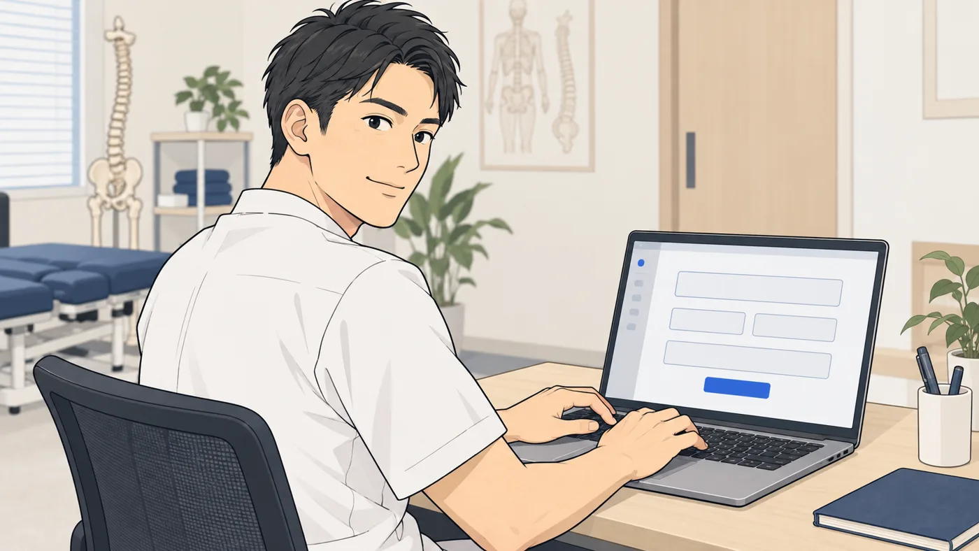 院長の肩越しに、ノートパソコンの画面に入力欄とボタンの形の編集画面。院長がキーボードで入力している