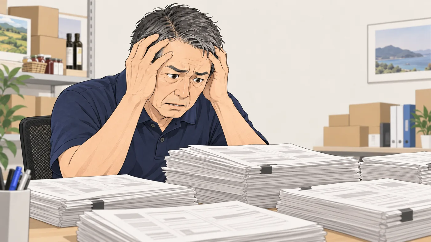 社長が、ネットショップの注文の紙の束を前に、頭を抱えている
