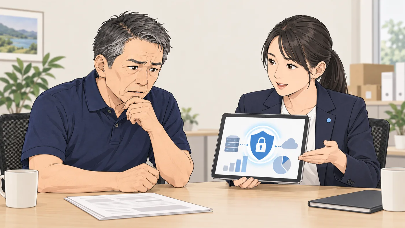 事務所の打ち合わせ机で、社長とアオイが向かい合い、アオイがタブレットを見せながら説明している