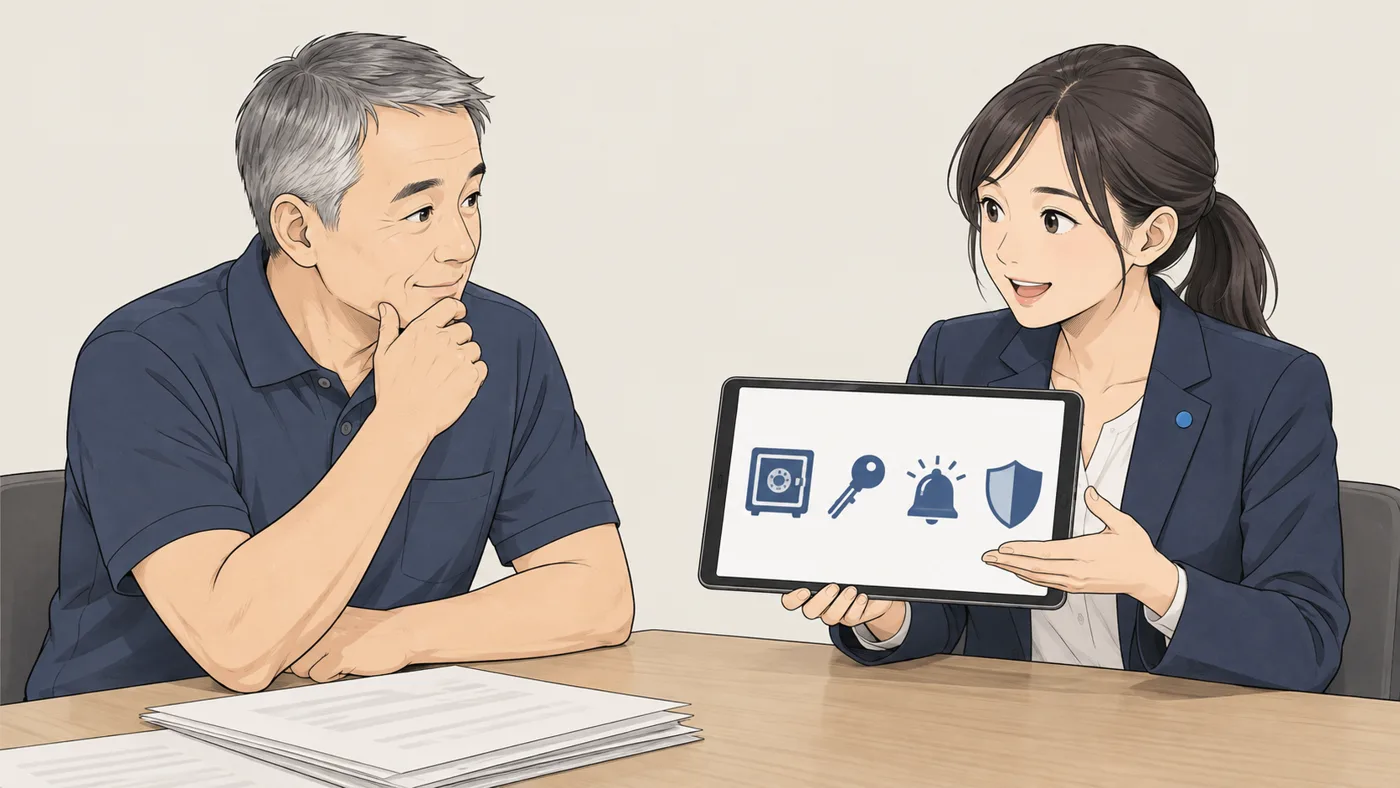 アオイがタブレットをこちらに向けて見せている。画面には金庫・鍵・ベル・盾の4つの印が並び、社長があごに手を当てて見ている