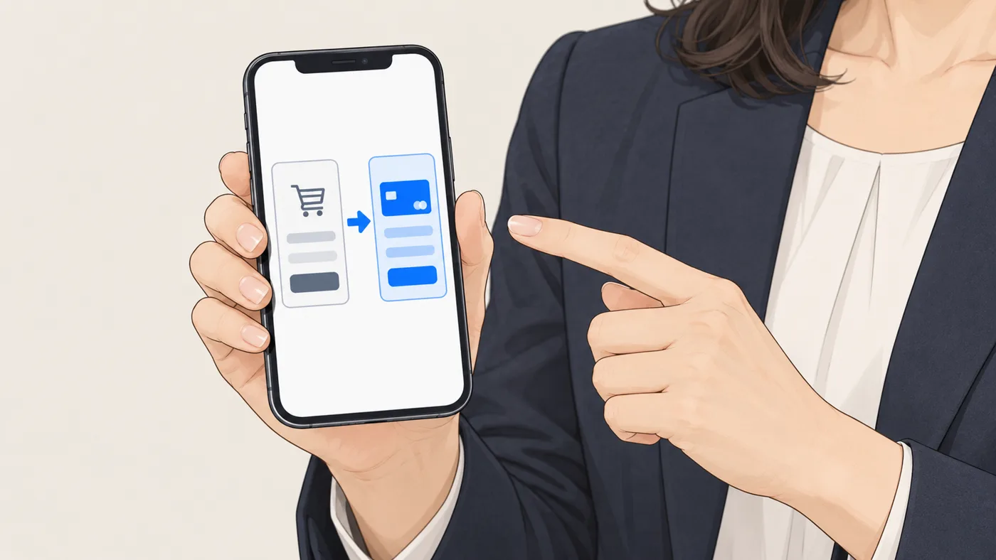 アオイがスマホをこちらに向け、買い物かごの画面から、カードの決済の画面に移る印を指さしている