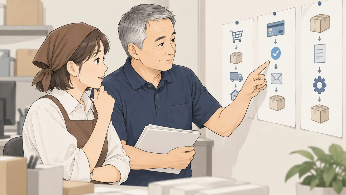社長とスタッフが、事務所の壁に貼った手順の紙を一緒に確かめている