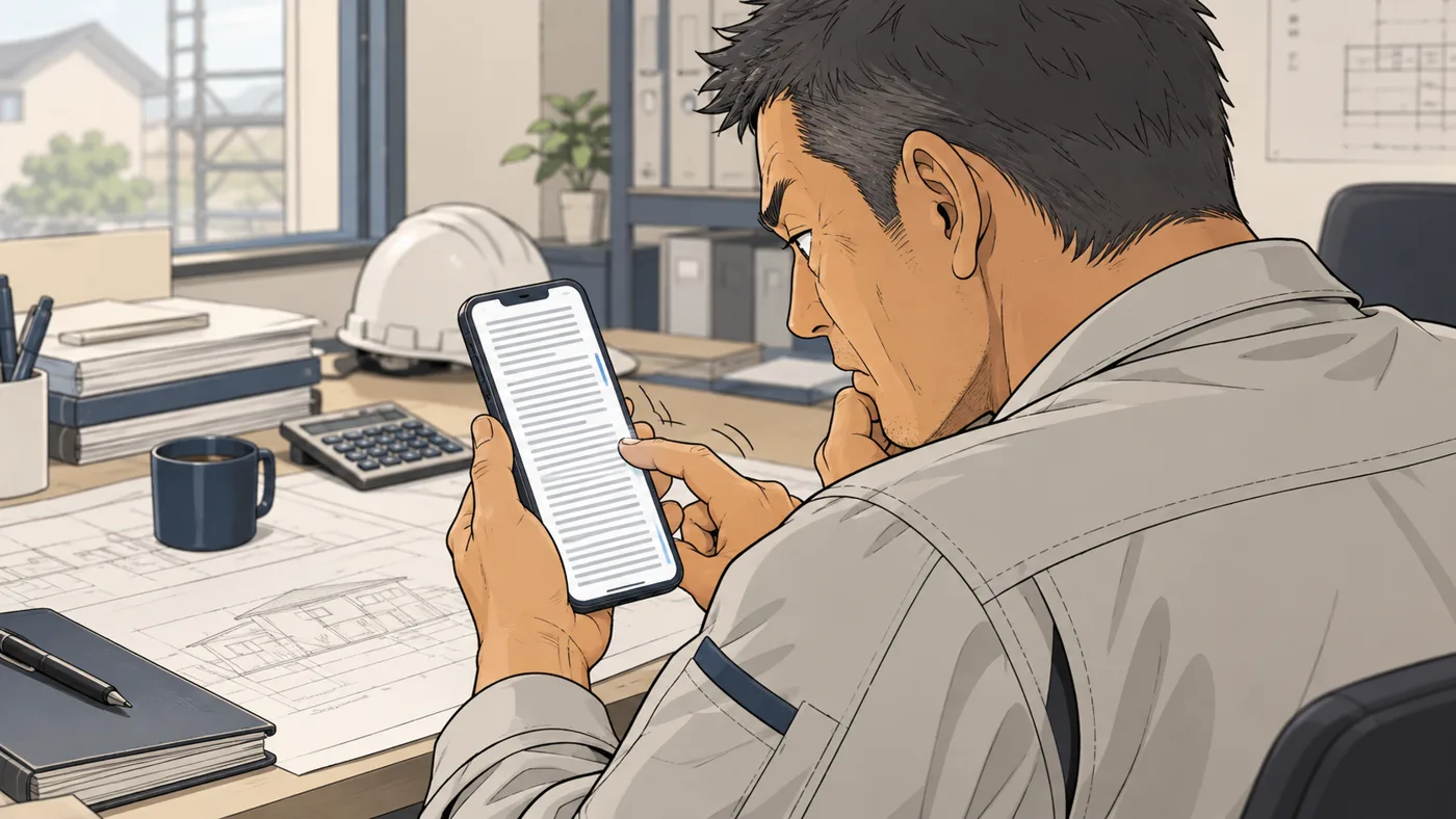 社長の肩越しに、スマホの画面に長い文章の段落ばかりが並び、社長が指で何度もスクロールして困った顔