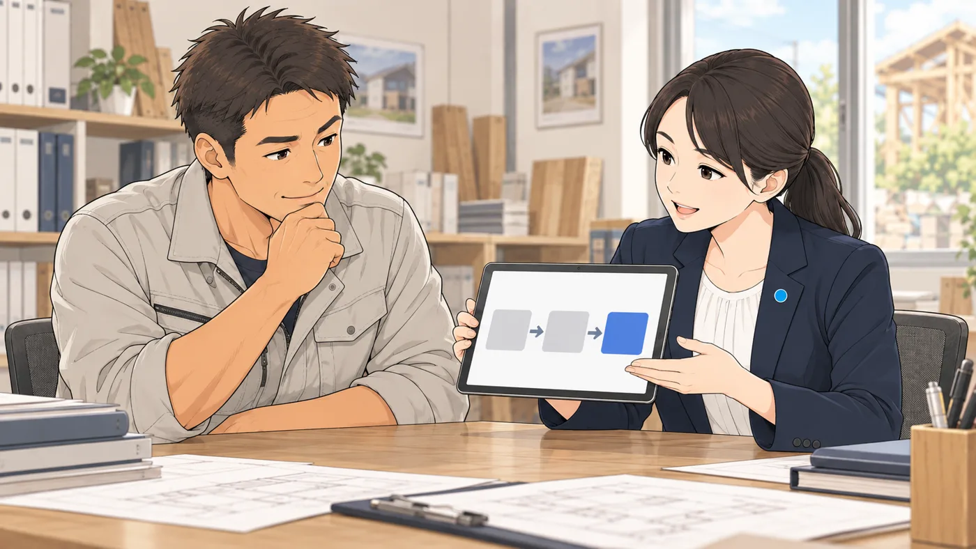 AI社員アオイがタブレットを見せ、画面に左から右へ3つの四角が矢印でつながり、最後の四角だけ青い図。社長がうなずいている