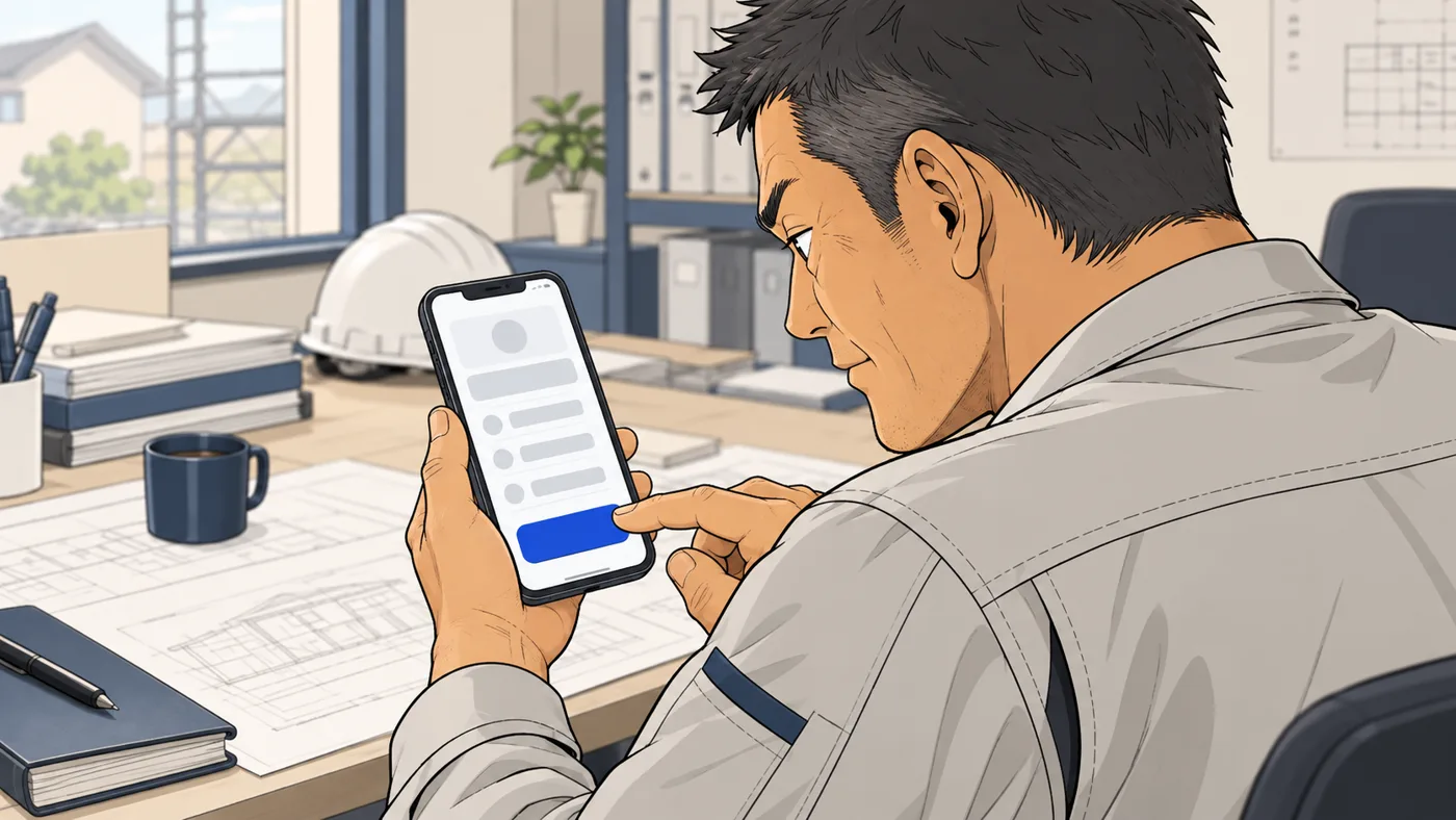 社長の肩越しに、スマホの画面の下に青い大きなボタンの形が1つあり、社長の指がそこに触れようとしている
