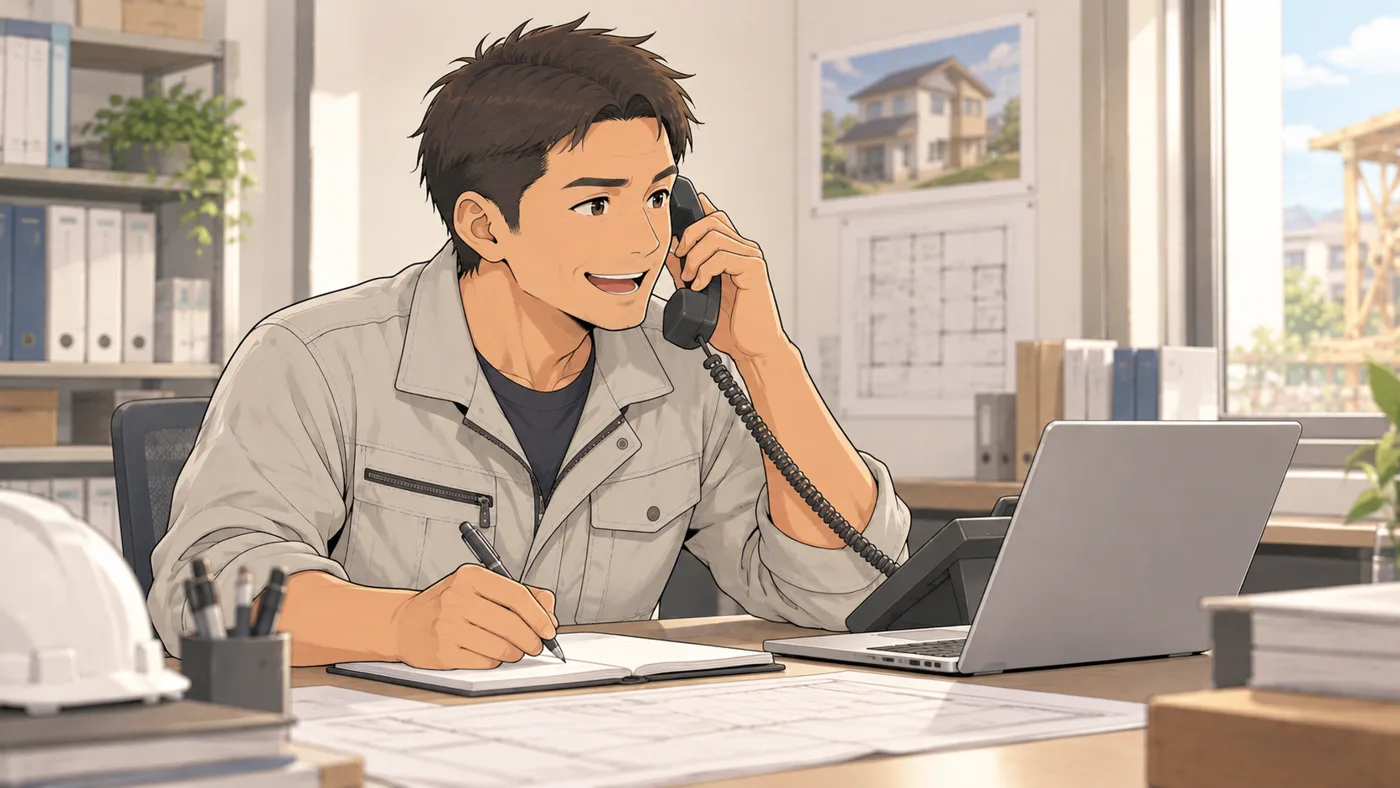 事務所で、社長が笑顔で電話を受けながらメモを取っている