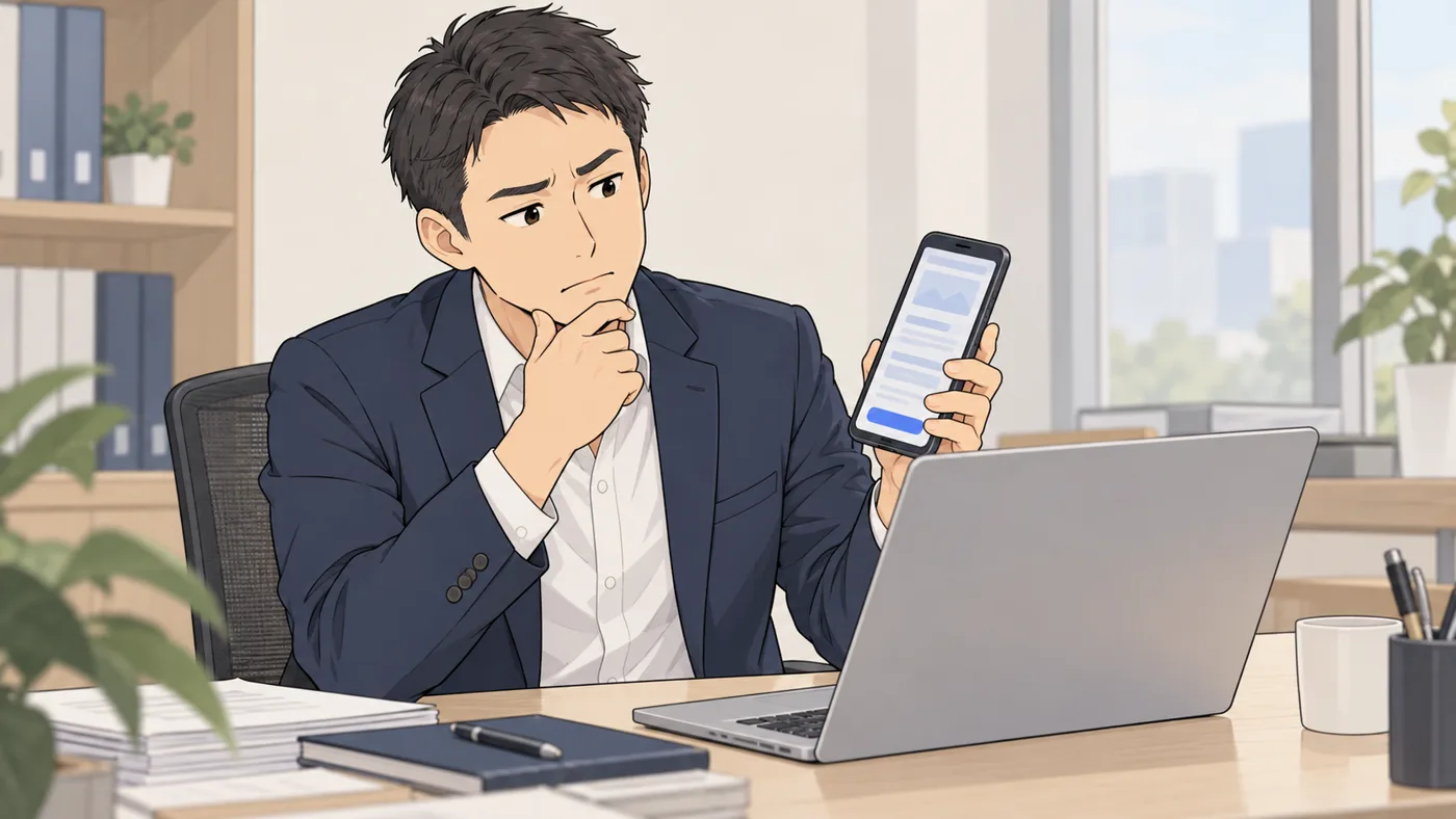 スマートフォンで縦に長いページを見て首をかしげる会社の社長