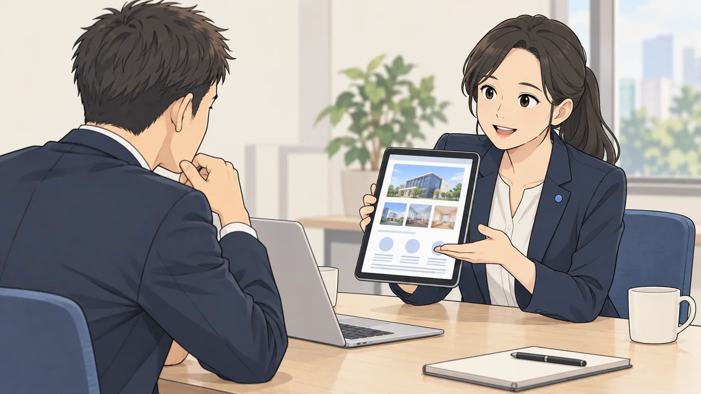 AI社員アオイがタブレットを見せながら説明し、社長がうなずく