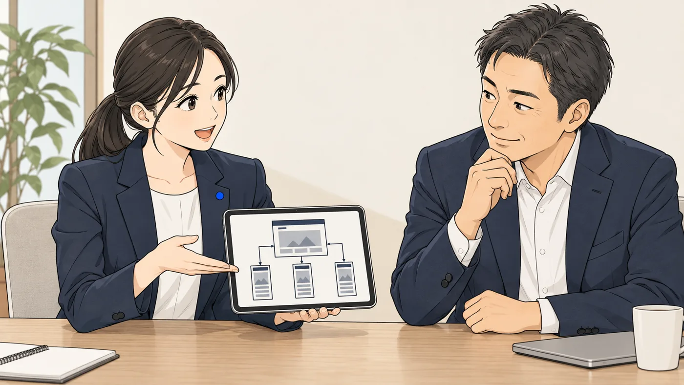 アオイが、大きな四角の周りに細長い四角がいくつも線でつながった図をタブレットで見せる