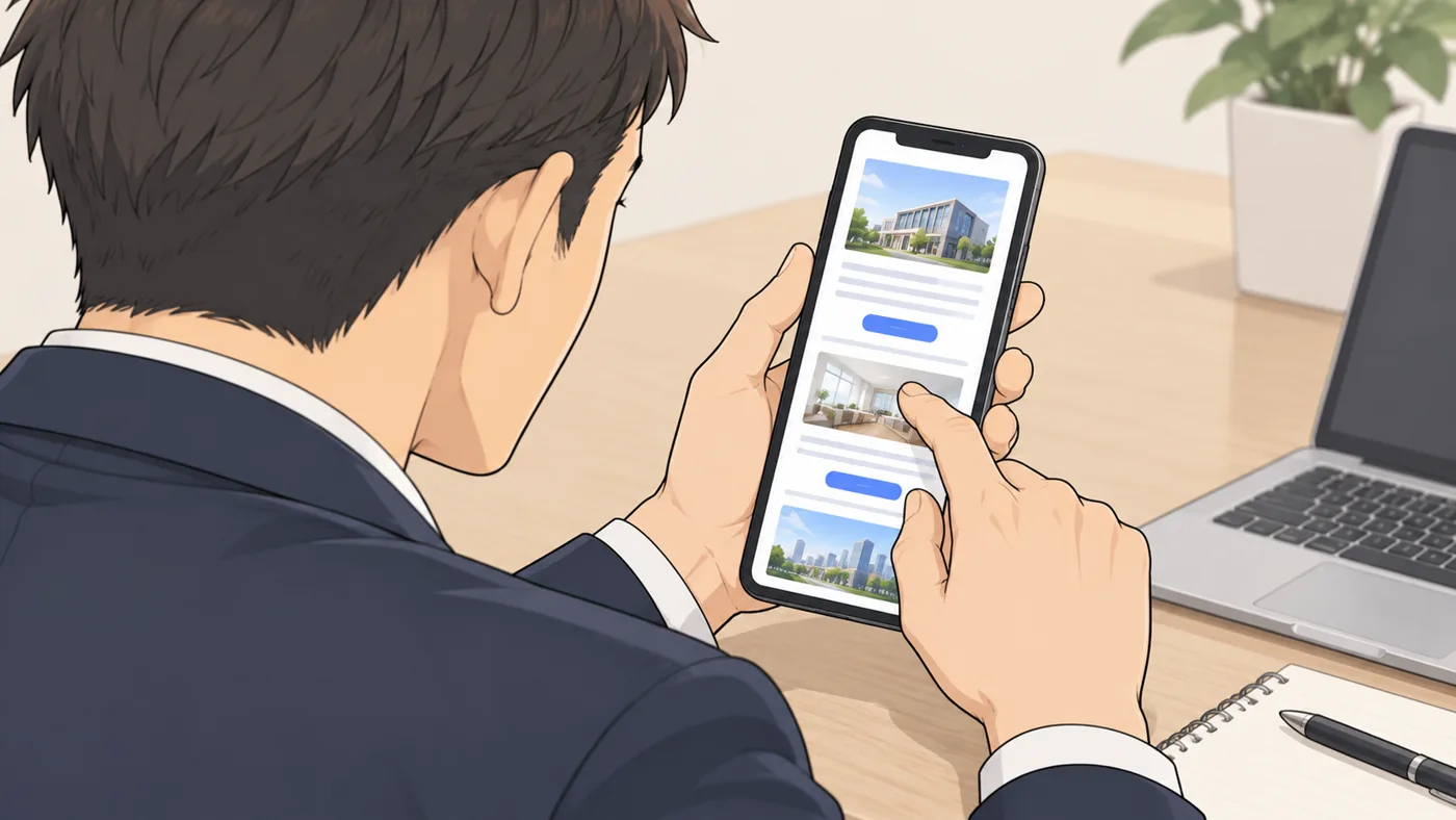 社長の肩越しに、スマートフォンで縦に長い1枚のページを見る様子
