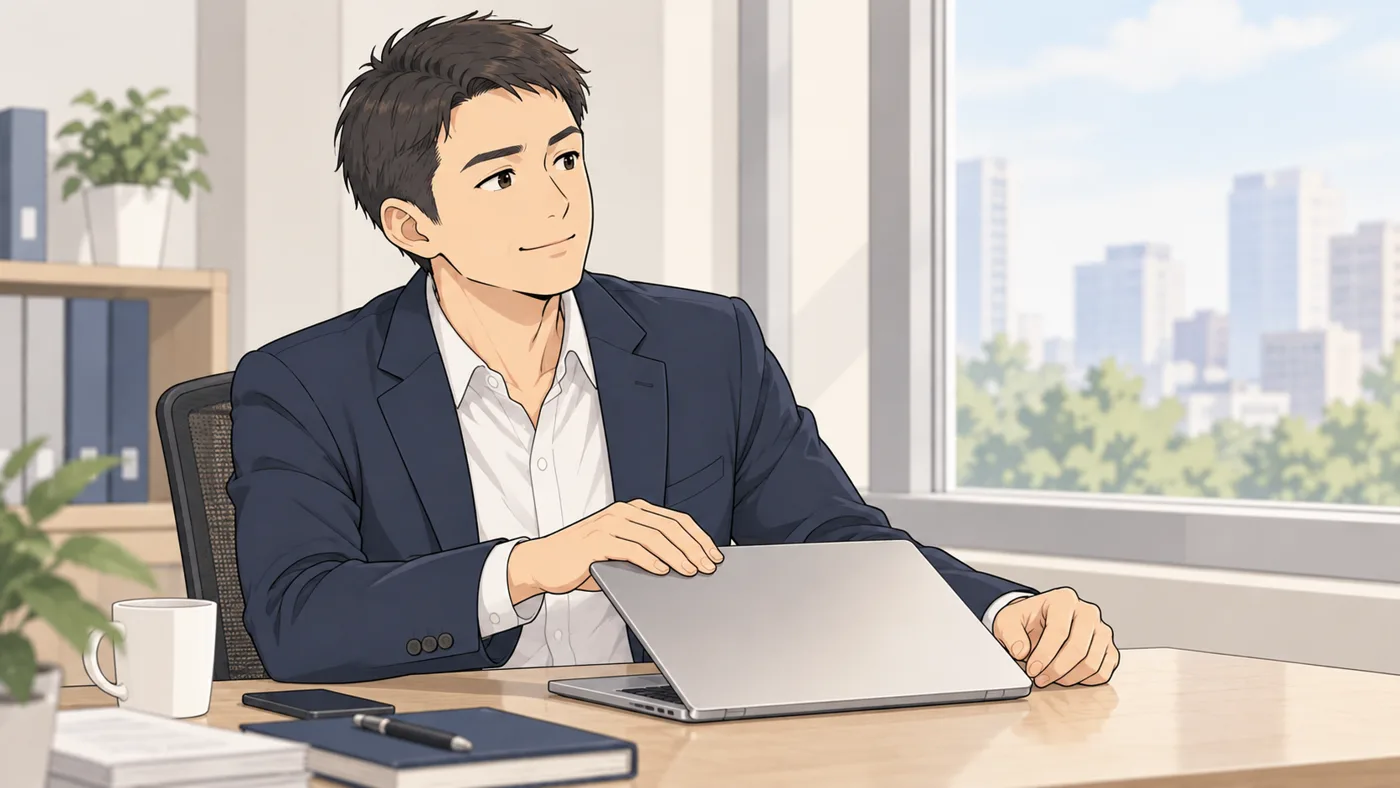 ノートパソコンを閉じて、すっきりした顔で微笑む社長