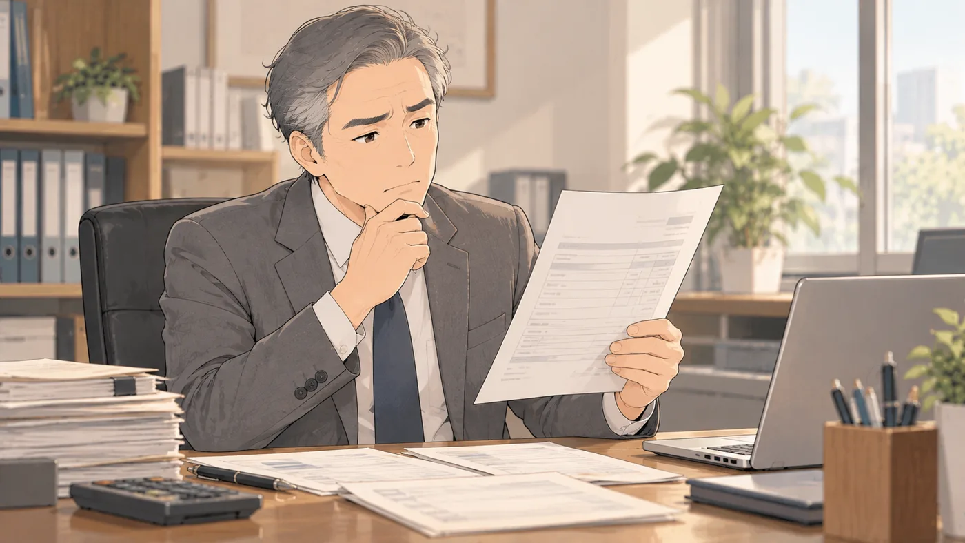 税理士事務所の机で、所長が紙の請求書を見て、あごに手を当てて考えている