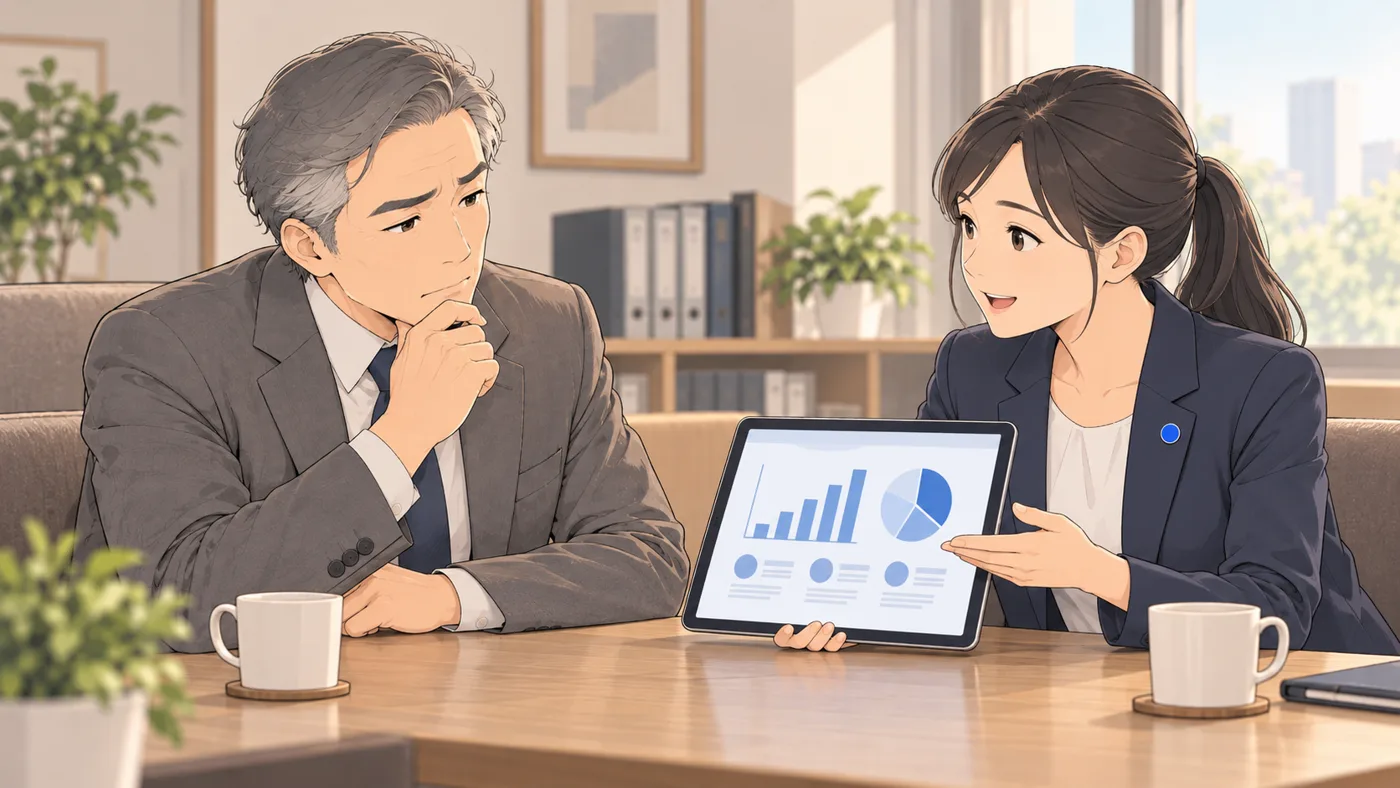 事務所の応接で、所長とアオイが向かい合い、アオイがタブレットを見せながら説明している