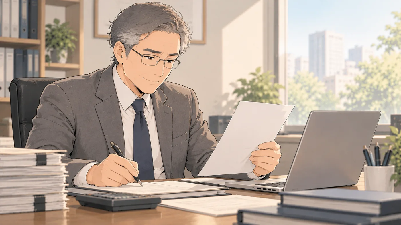 事務所で、所長が安心した顔で書類の仕事をしている