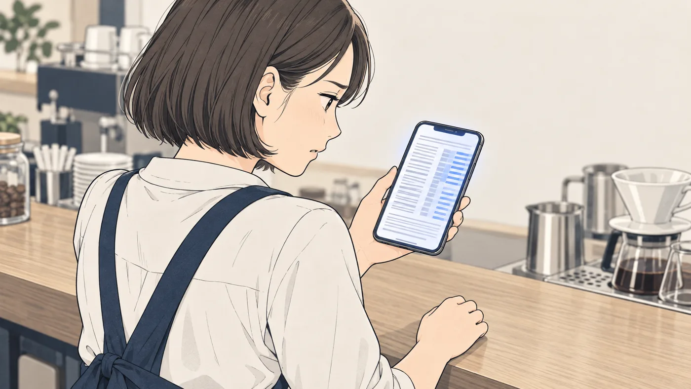 店長の肩越しに、スマホの画面に細かい線がぎっしり詰まって横にはみ出したページが見え、店長が目を細めている