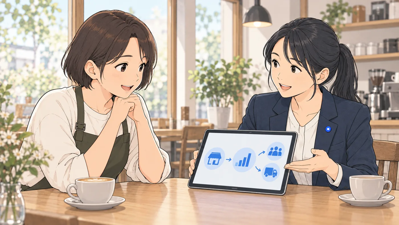 カフェの窓際の席で、店長とアオイが向かい合い、アオイがタブレットを見せながら説明している