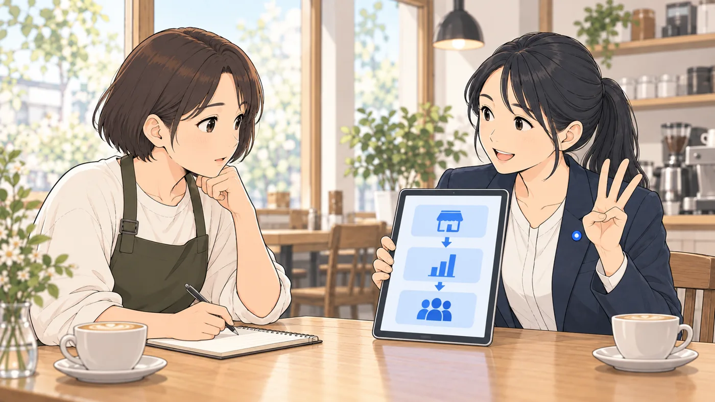 AI社員アオイが指を3本立てて説明し、もう片方の手のタブレットに縦に3つの四角が並んだ図。店長が真剣に聞いている