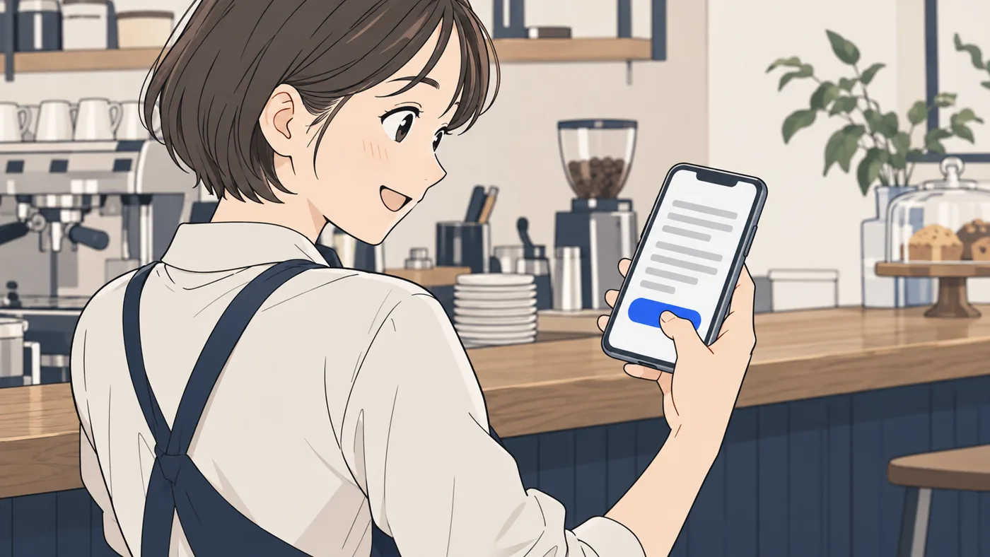 店長の肩越しに、片手で持ったスマホの画面に大きなボタンの形と読みやすい段落が見え、親指がボタンに届いている