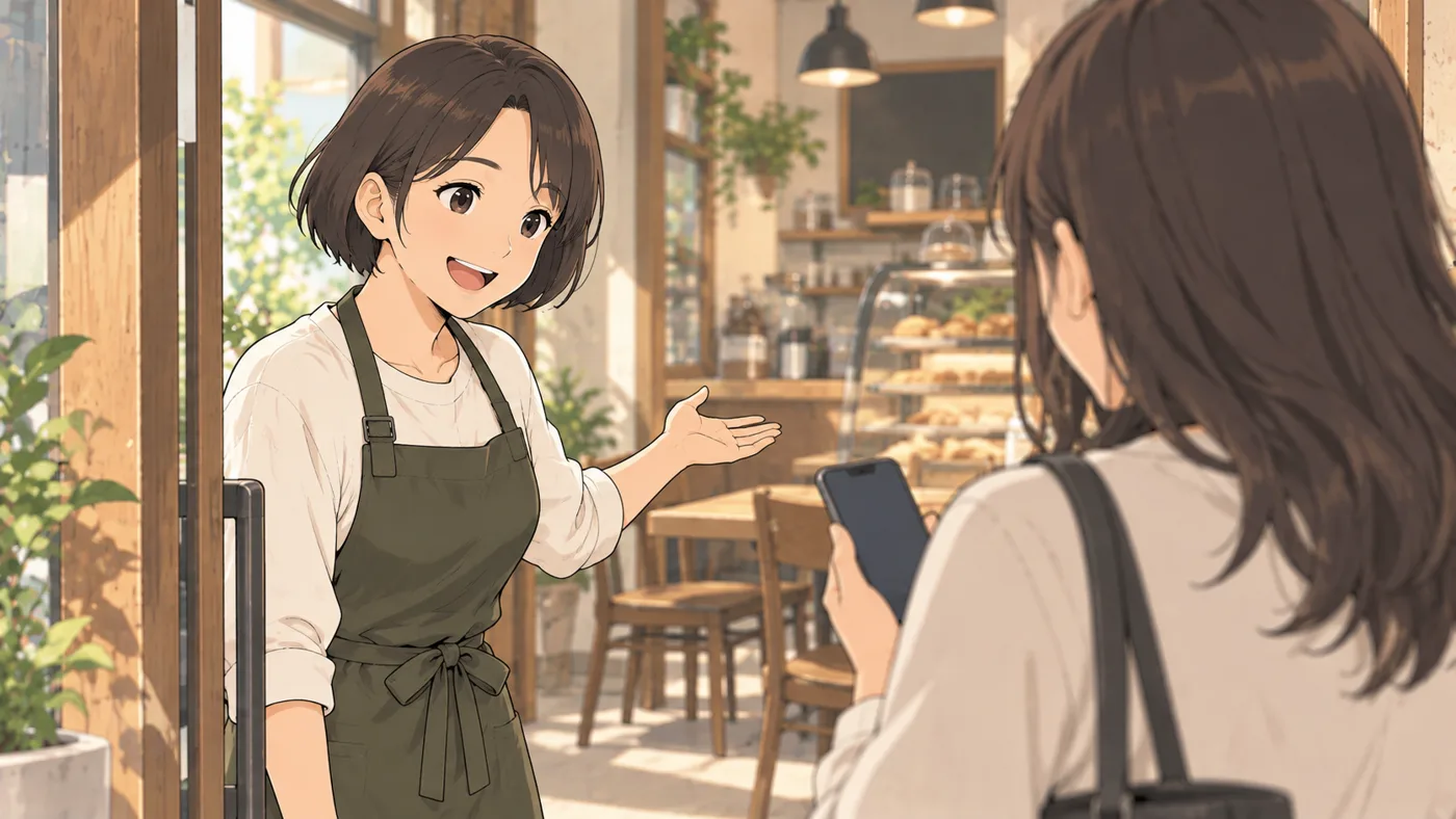 カフェの入口で、スマホを手にしたお客様を店長が笑顔で迎えている