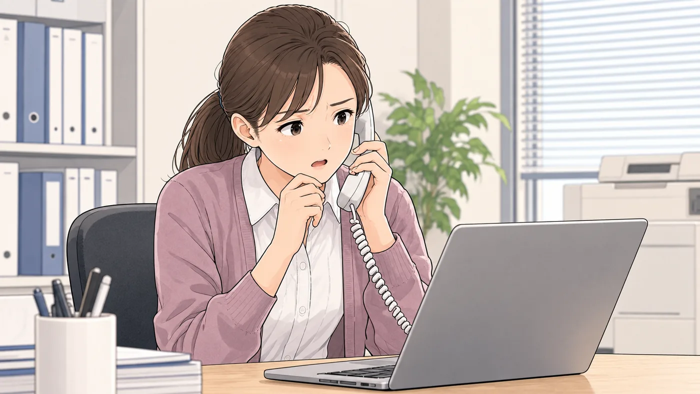 事務所の机で、事務の担当者が電話を耳に当てながら、パソコンのメールの画面を見て首をかしげている