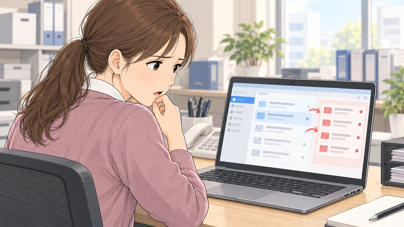 担当者の肩越しに、パソコンの画面のメールの一覧のうち何通かが、赤い印の付いた別の箱に入っている様子が見える