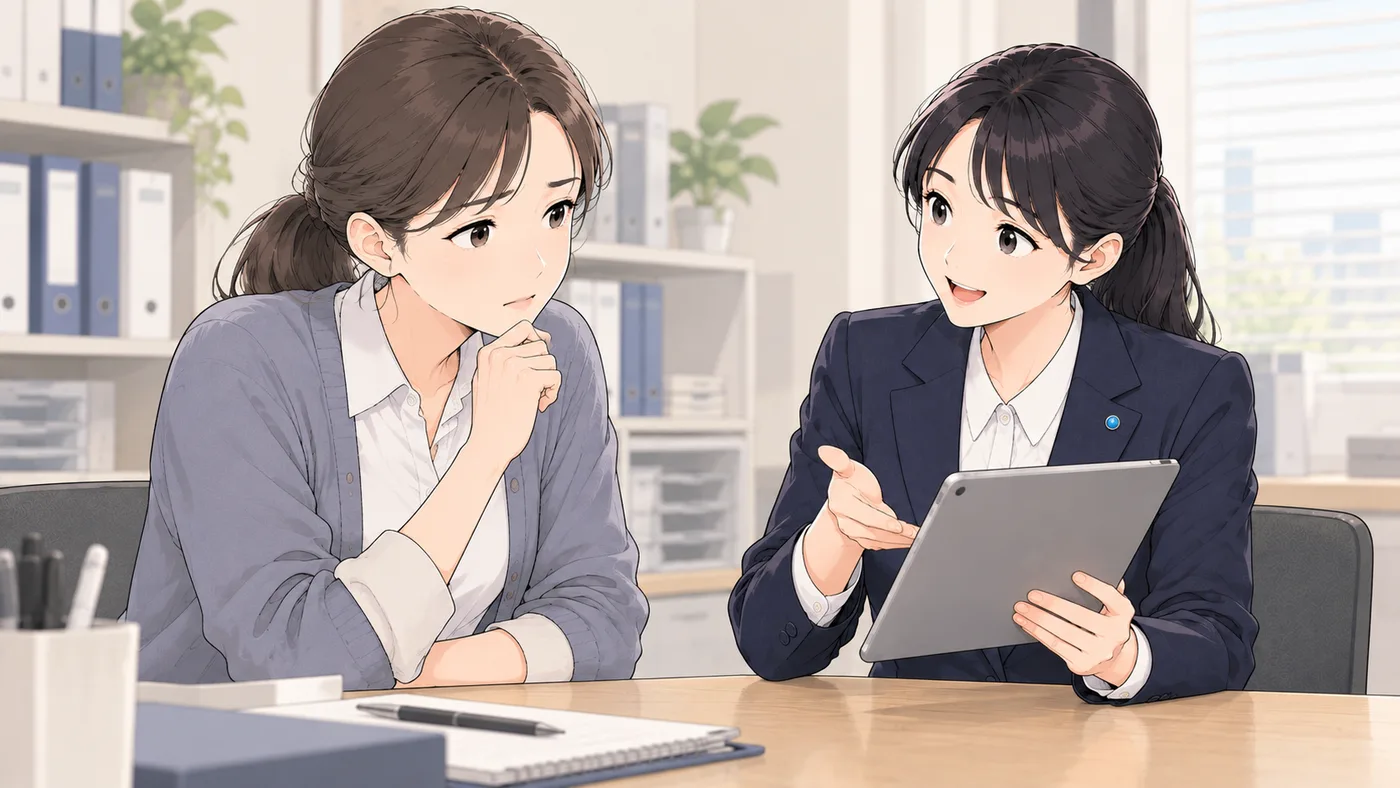 事務所の打ち合わせ机で、担当者とAI社員アオイが向かい合い、アオイがタブレットを見せながら説明している