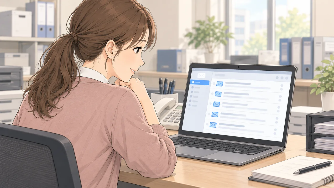担当者の肩越しに、パソコンのメールの受信箱に新しいメールがきちんと並んでいるのが見え、担当者がほっとした顔をしている