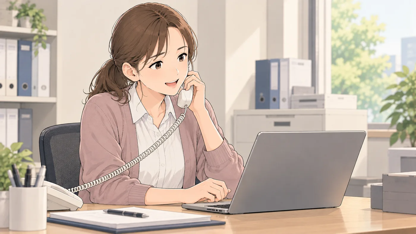 片づいた机で、担当者が笑顔で電話をしている