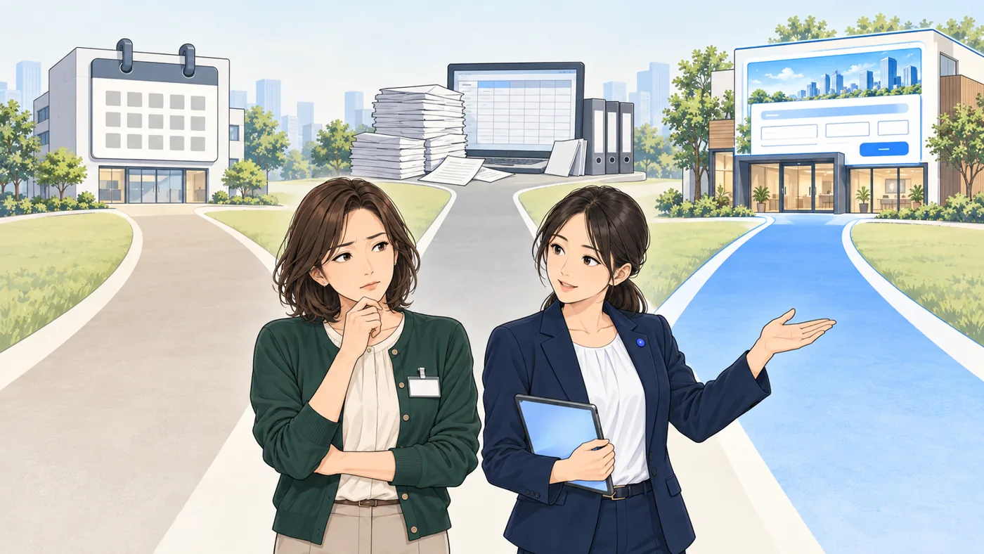 3つの道の前で迷う店長と、3つ目の道を手で示すAI社員アオイ