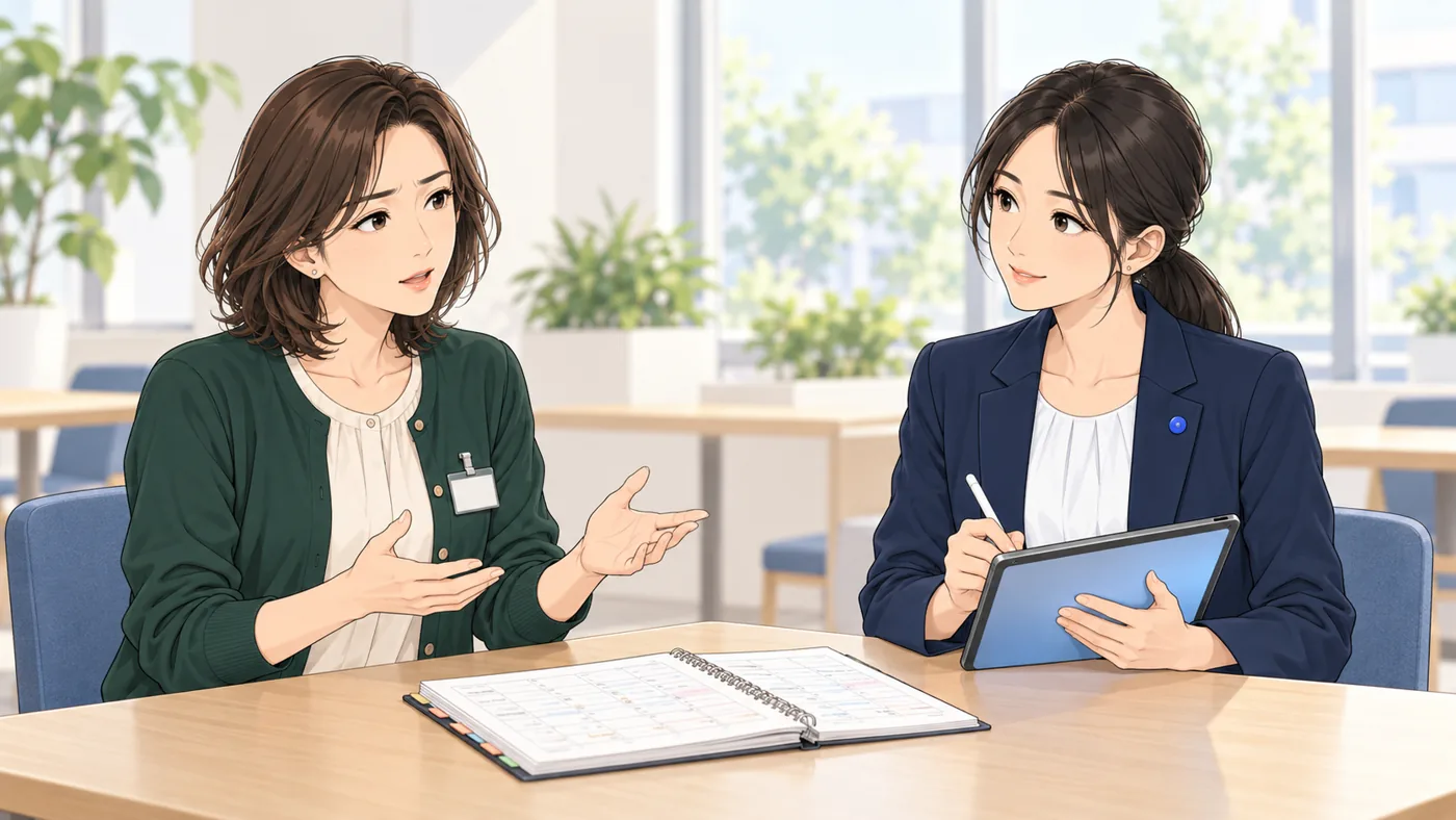 打ち合わせの席で、店長が困りごとを話し、AI社員アオイがタブレットにメモを取る