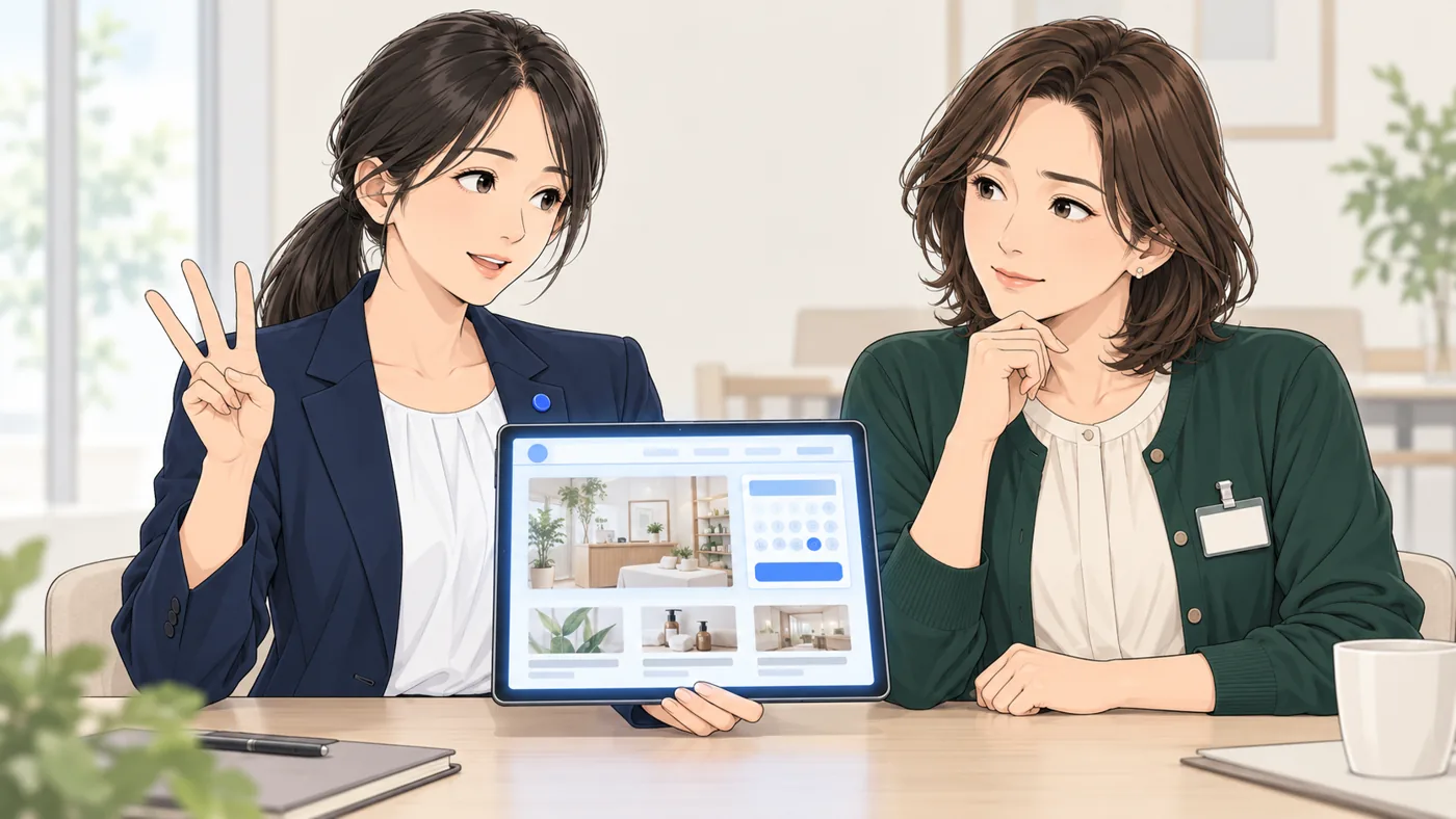 AI社員アオイが指を3本立てて説明し、店長がうなずく