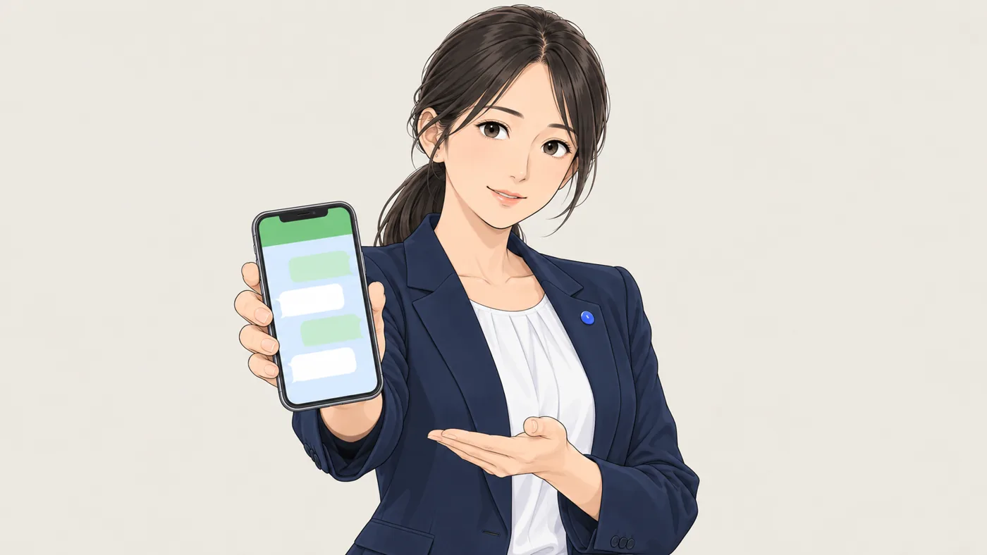 スマートフォンのLINE画面を差し出すAI社員アオイ
